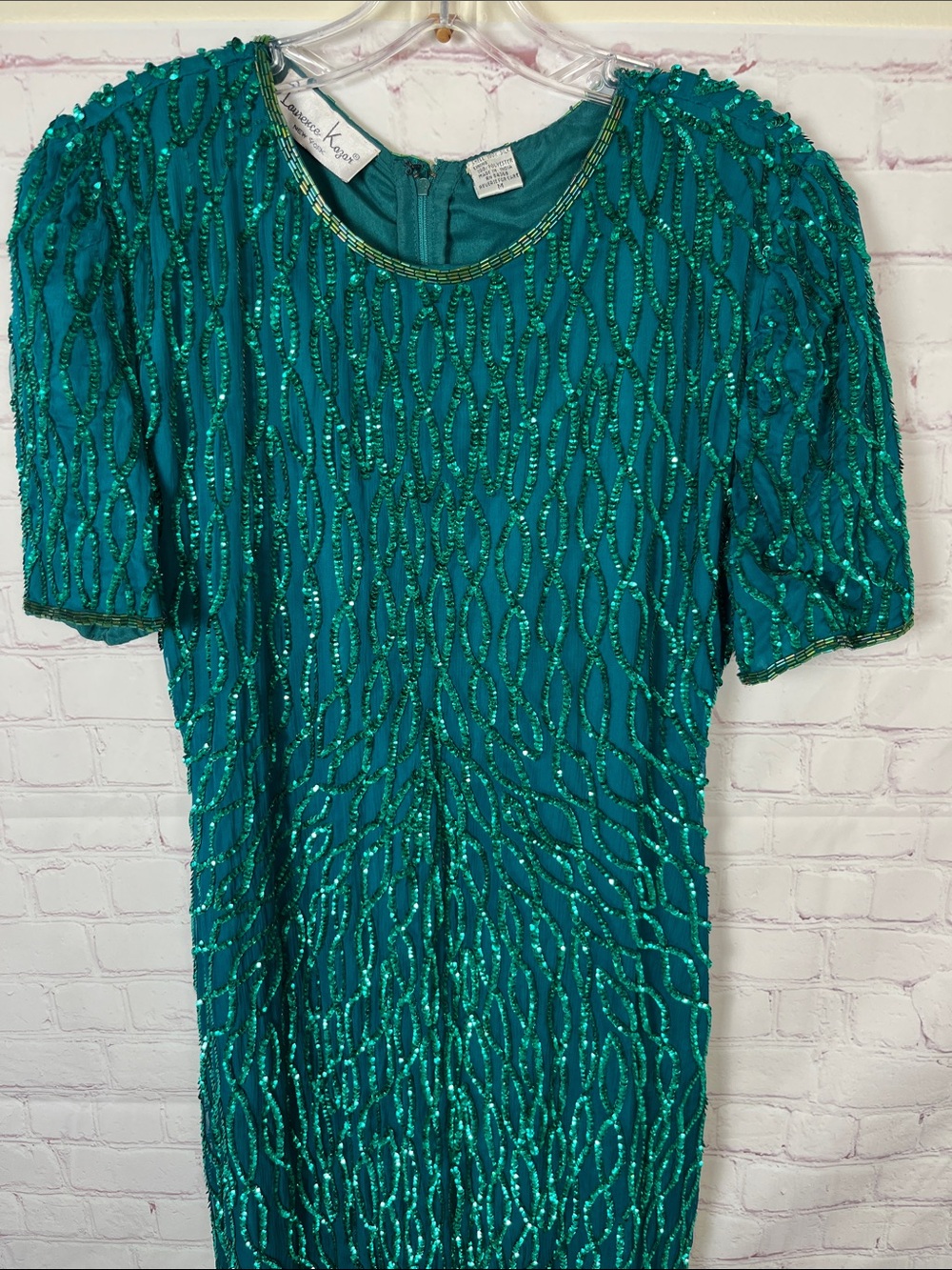 Laurence Kazar New York Emerald Green Silk Dress with Beading and Sequins - Picture 2 of 11